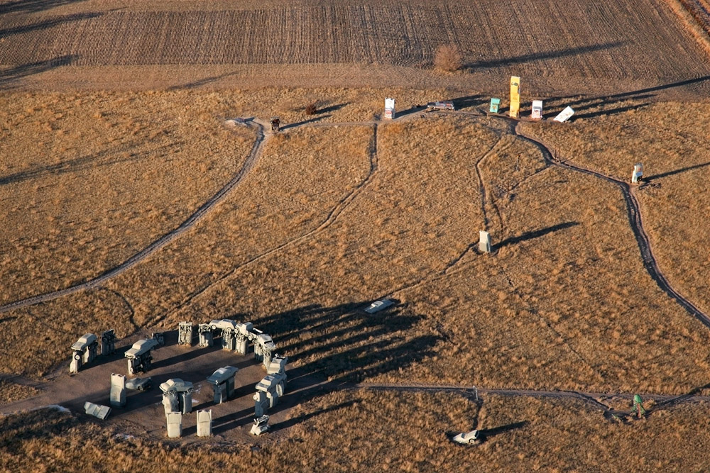 Areal view of Carhenge including fourd seasons