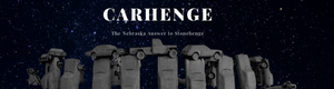 Carhenge with Stary night in background with text which reads "Carhenge The Nebraska Answer to Stonehenge"